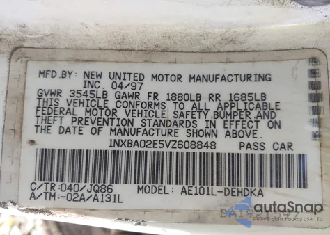 1997 Toyota Corolla Std z USA, uszkodzony, nr VIN 1NXBA02E5VZ608848